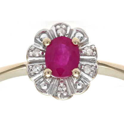 9ct Gold  3pts Diamond Oval 0.44ct Ruby Flower Petal Cluster Ring - PR0AXL2321YRU