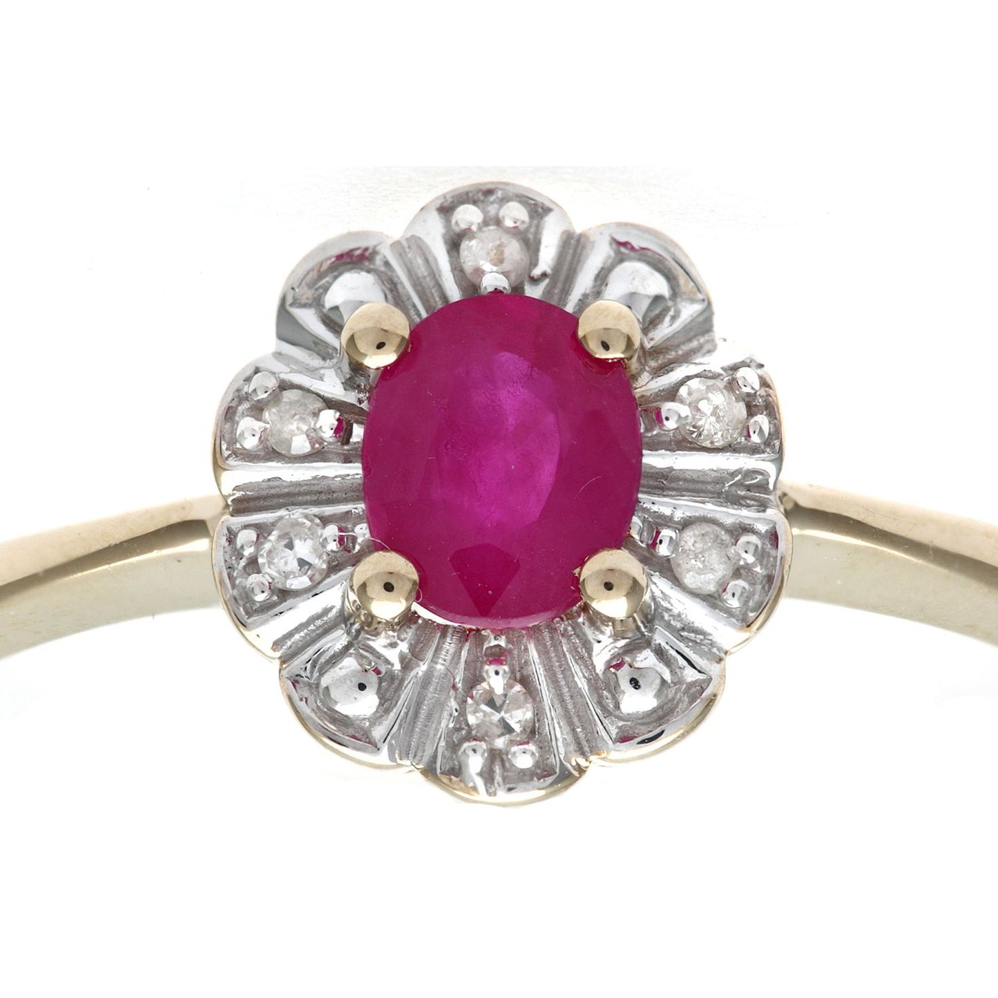 9ct Gold  3pts Diamond Oval 0.44ct Ruby Flower Petal Cluster Ring - PR0AXL2321YRU