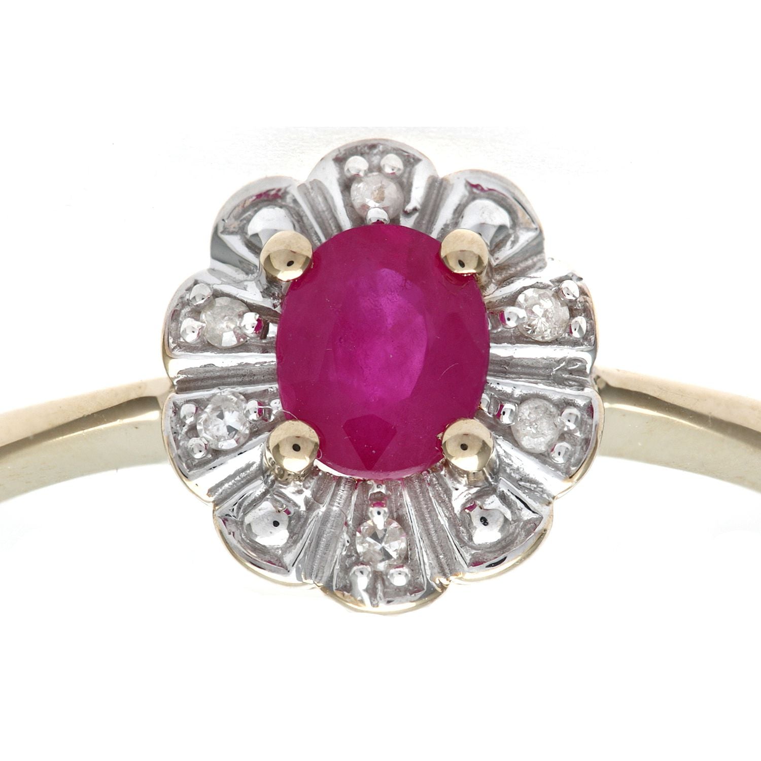 9ct Gold  3pts Diamond Oval 0.44ct Ruby Flower Petal Cluster Ring - PR0AXL2321YRU