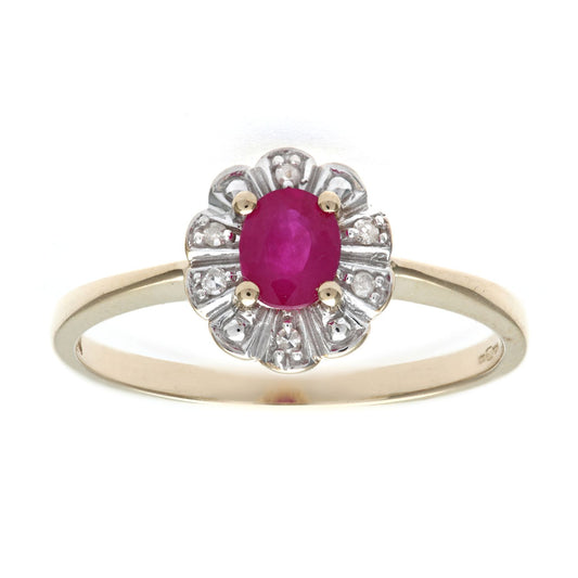 9ct Gold  3pts Diamond Oval 0.44ct Ruby Flower Petal Cluster Ring - PR0AXL2321YRU