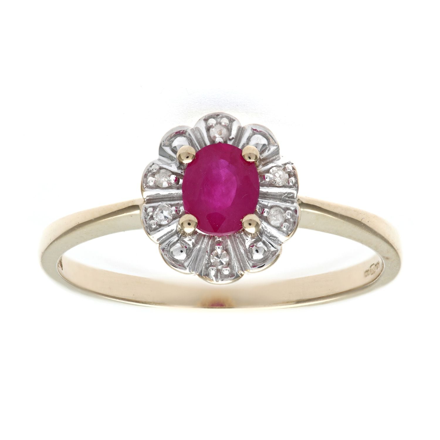 9ct Gold  3pts Diamond Oval 0.44ct Ruby Flower Petal Cluster Ring - PR0AXL2321YRU