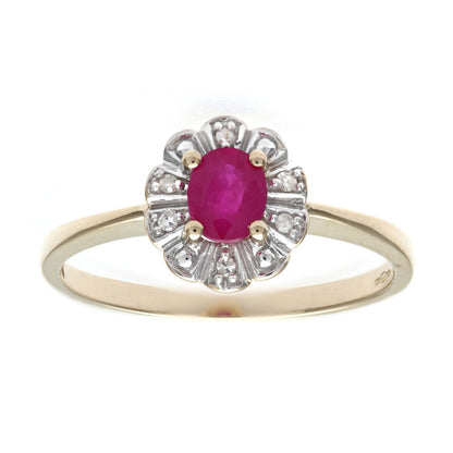 9ct Gold  3pts Diamond Oval 0.44ct Ruby Flower Petal Cluster Ring - PR0AXL2321YRU