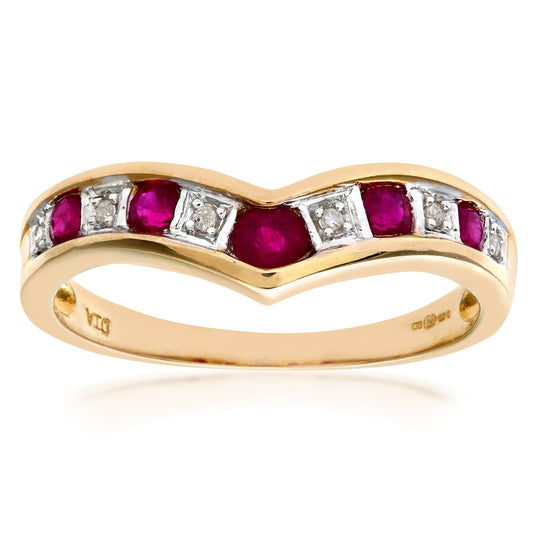 9ct Gold  2pts Diamond 0.46ct Ruby Channel Wishbone Ring 2mm - PR0AXL3026YRU