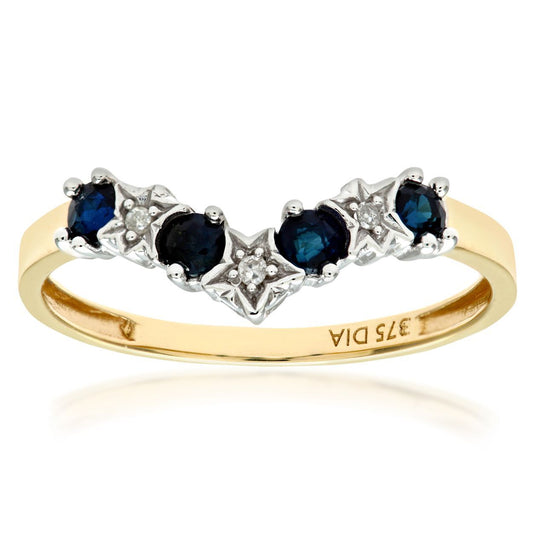 9ct Gold  2pts Diamond 0.4ct Sapphire Star Set Wishbone Ring 1.5mm - PR0AXL3165YSA