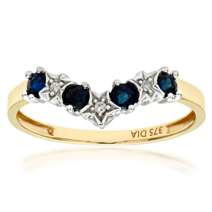 9ct Gold  2pts Diamond 0.4ct Sapphire Star Set Wishbone Ring 1.5mm - PR0AXL3165YSA