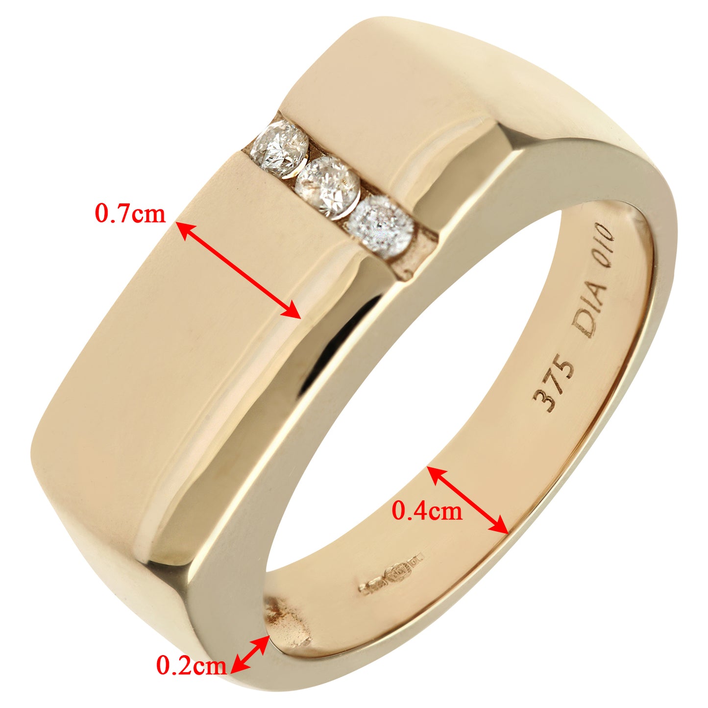 Mens 9ct Gold  10pts Diamond Trilogy Channel Set Signet Ring 7mm - PR0AXL4758Y