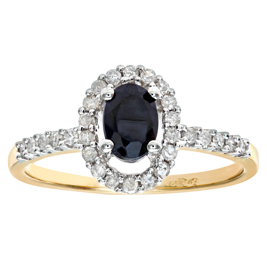 9ct Gold  Diamond Oval Sapphire  Royal Oval Halo Cluster Ring - PR0AXL5647YSA