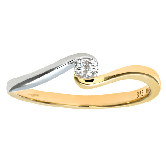 9ct White & Yellow Gold  Diamond Curved Wave Solitaire Ring 4mm - PR0AXL5961YW