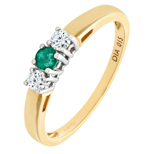 9ct Gold  15pts Diamond 13pts Emerald 4 Claw Trilogy Ring - PR0AXL6007YEM
