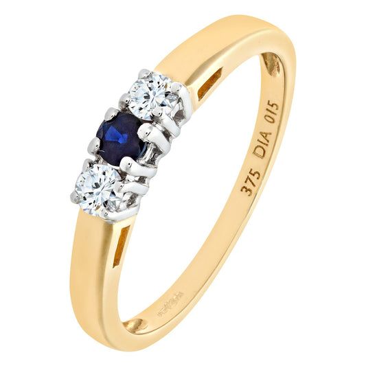 9ct Gold  15pts Diamond 15pts Sapphire 4 Claw Trilogy Ring - PR0AXL6007YSA