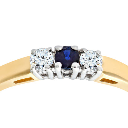 9ct Gold  15pts Diamond 15pts Sapphire 4 Claw Trilogy Ring - PR0AXL6007YSA