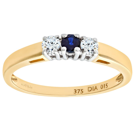 9ct Gold  15pts Diamond 15pts Sapphire 4 Claw Trilogy Ring - PR0AXL6007YSA
