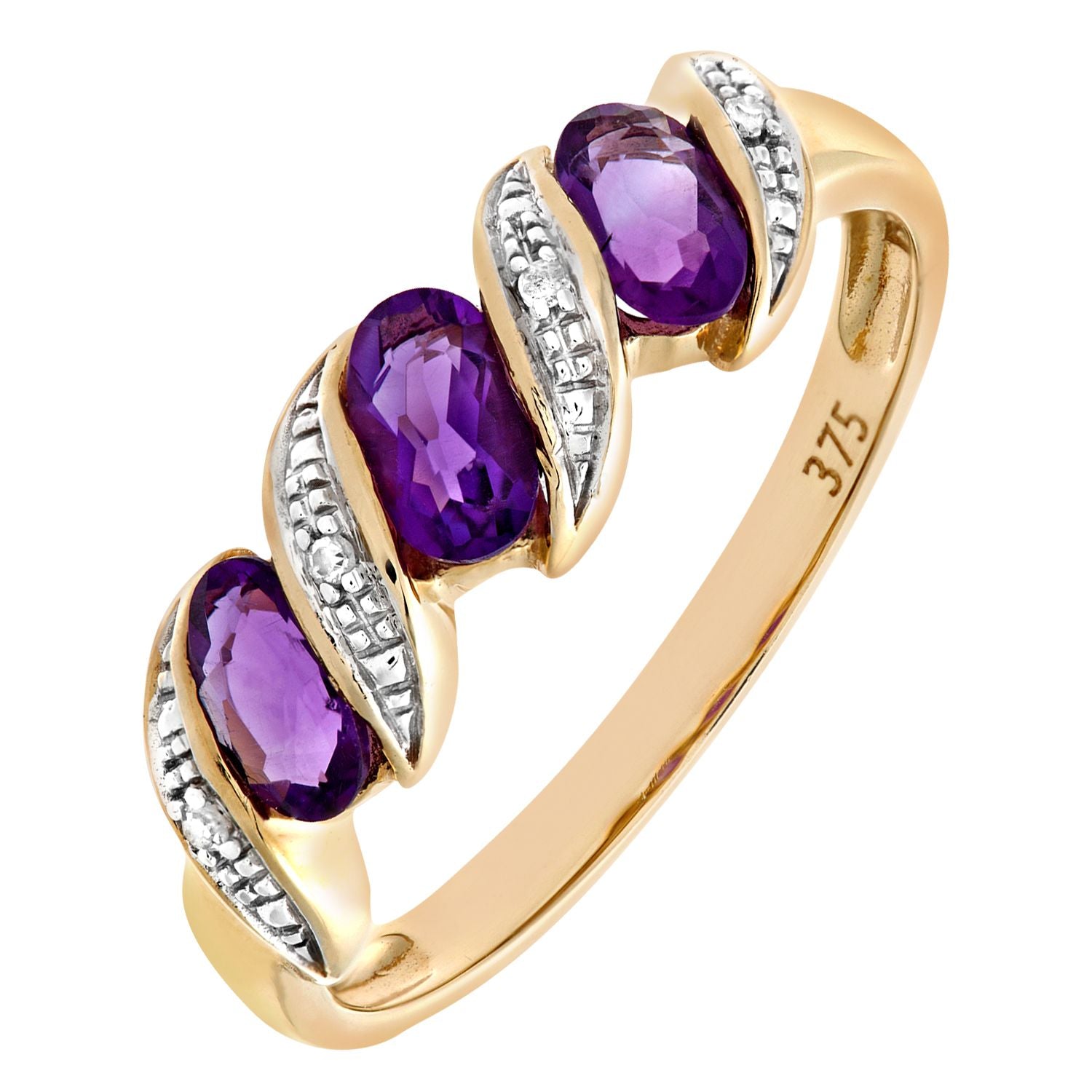 9ct Gold  Diamond Oval Amethyst Wavy Ribbon Pod Trilogy Ring 2mm - PR0AXL6270YAM