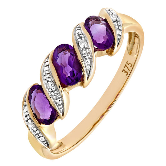 9ct Gold  Diamond Oval Amethyst Wavy Ribbon Pod Trilogy Ring 2mm - PR0AXL6270YAM