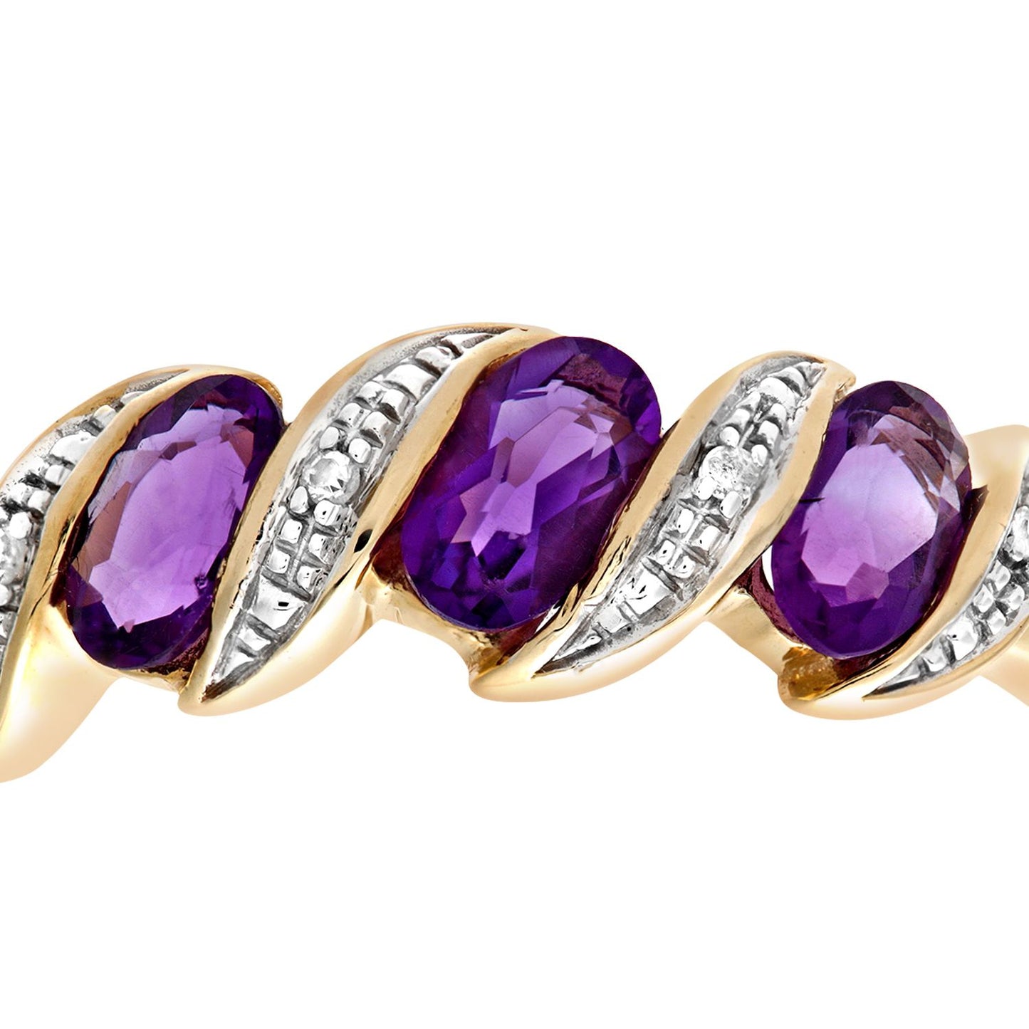 9ct Gold  Diamond Oval Amethyst Wavy Ribbon Pod Trilogy Ring 2mm - PR0AXL6270YAM