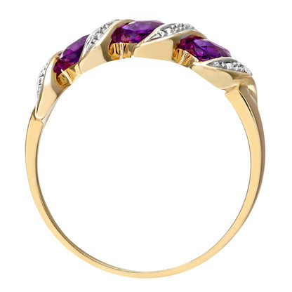 9ct Gold  Diamond Oval Amethyst Wavy Ribbon Pod Trilogy Ring 2mm - PR0AXL6270YAM