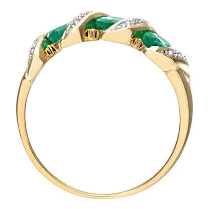 9ct Gold  Diamond Oval Emerald Wavy Ribbon Pod Trilogy Ring 2mm - PR0AXL6270YEM