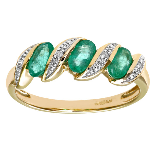 9ct Gold  Diamond Oval Emerald Wavy Ribbon Pod Trilogy Ring 2mm - PR0AXL6270YEM