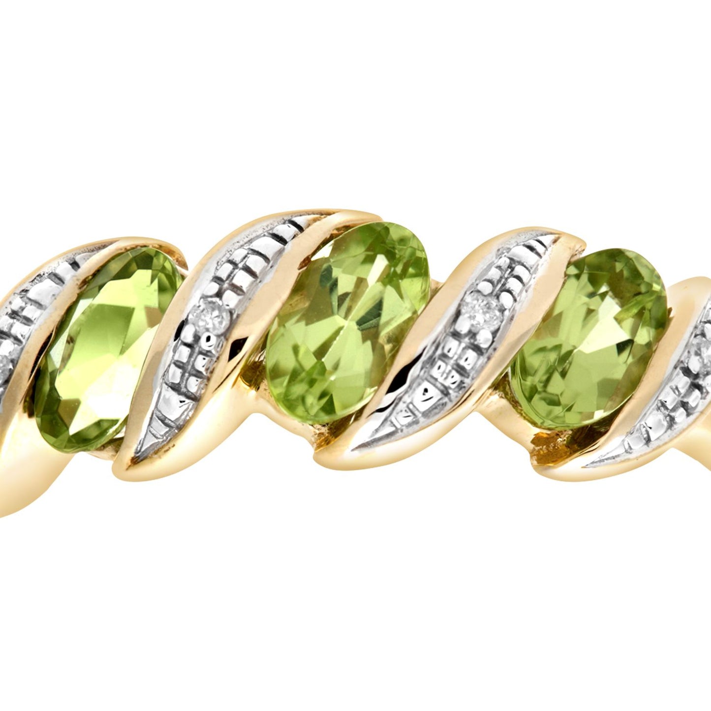 9ct Gold  Diamond Oval Peridot Wavy Ribbon Pod Trilogy Ring 2mm - PR0AXL6270YPD