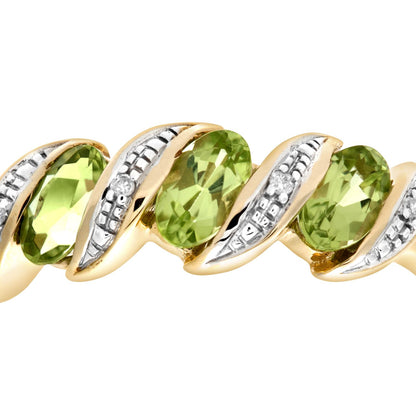 9ct Gold  Diamond Oval Peridot Wavy Ribbon Pod Trilogy Ring 2mm - PR0AXL6270YPD