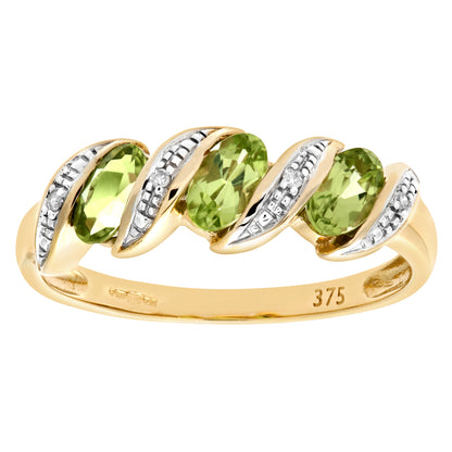 9ct Gold  Diamond Oval Peridot Wavy Ribbon Pod Trilogy Ring 2mm - PR0AXL6270YPD