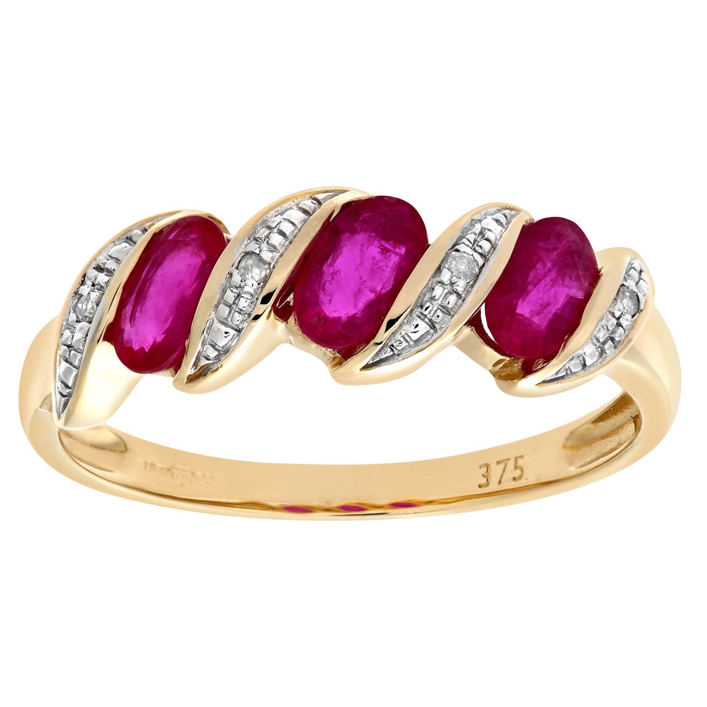 9ct Gold  Diamond Oval Ruby Wavy Ribbon Pod Trilogy Ring 2mm - PR0AXL6270YRU