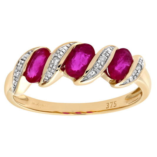 9ct Gold  Diamond Oval Ruby Wavy Ribbon Pod Trilogy Ring 2mm - PR0AXL6270YRU