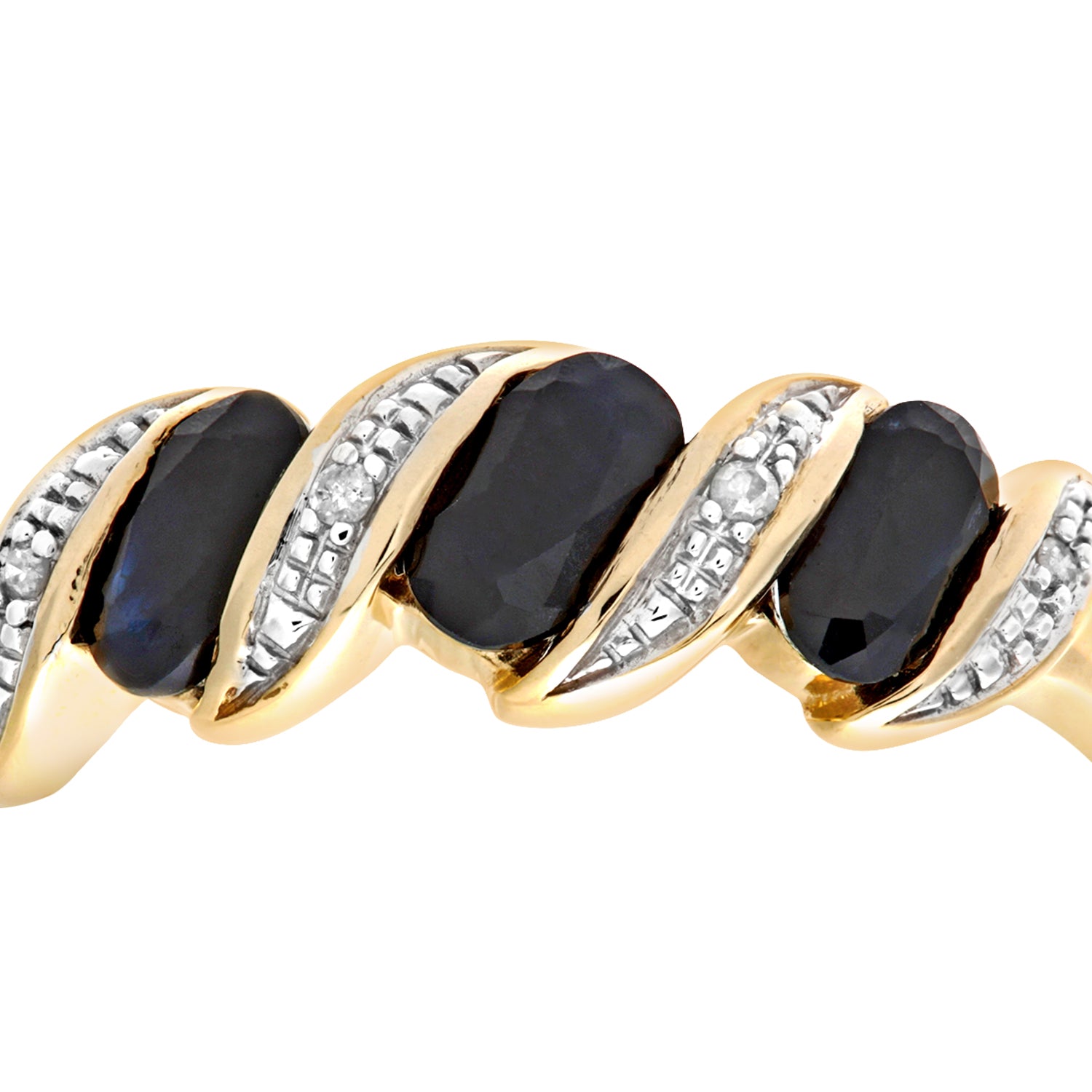 9ct Gold  Diamond Oval Sapphire Wavy Ribbon Pod Trilogy Ring 2mm - PR0AXL6270YSA