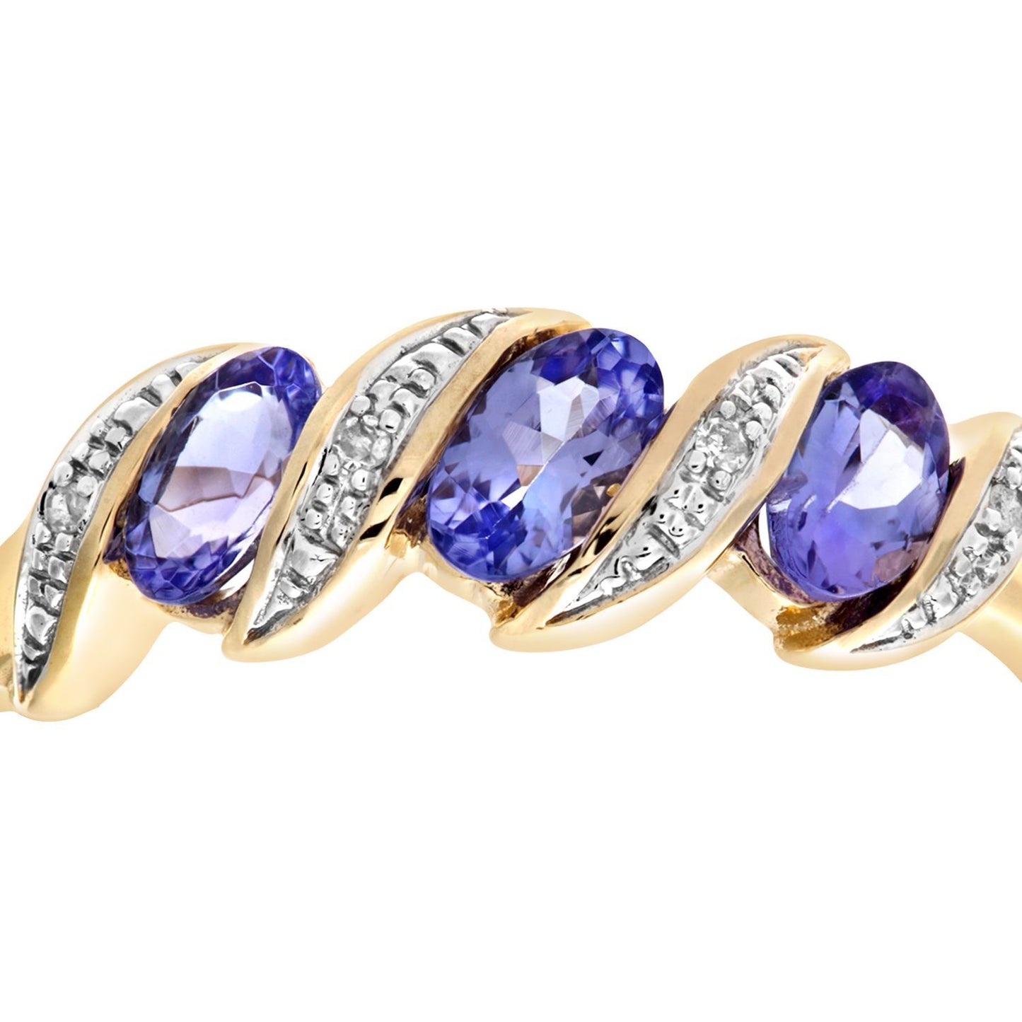 9ct Gold  Diamond Oval Tanzanite Wavy Ribbon Pod Trilogy Ring 2mm - PR0AXL6270YTanz