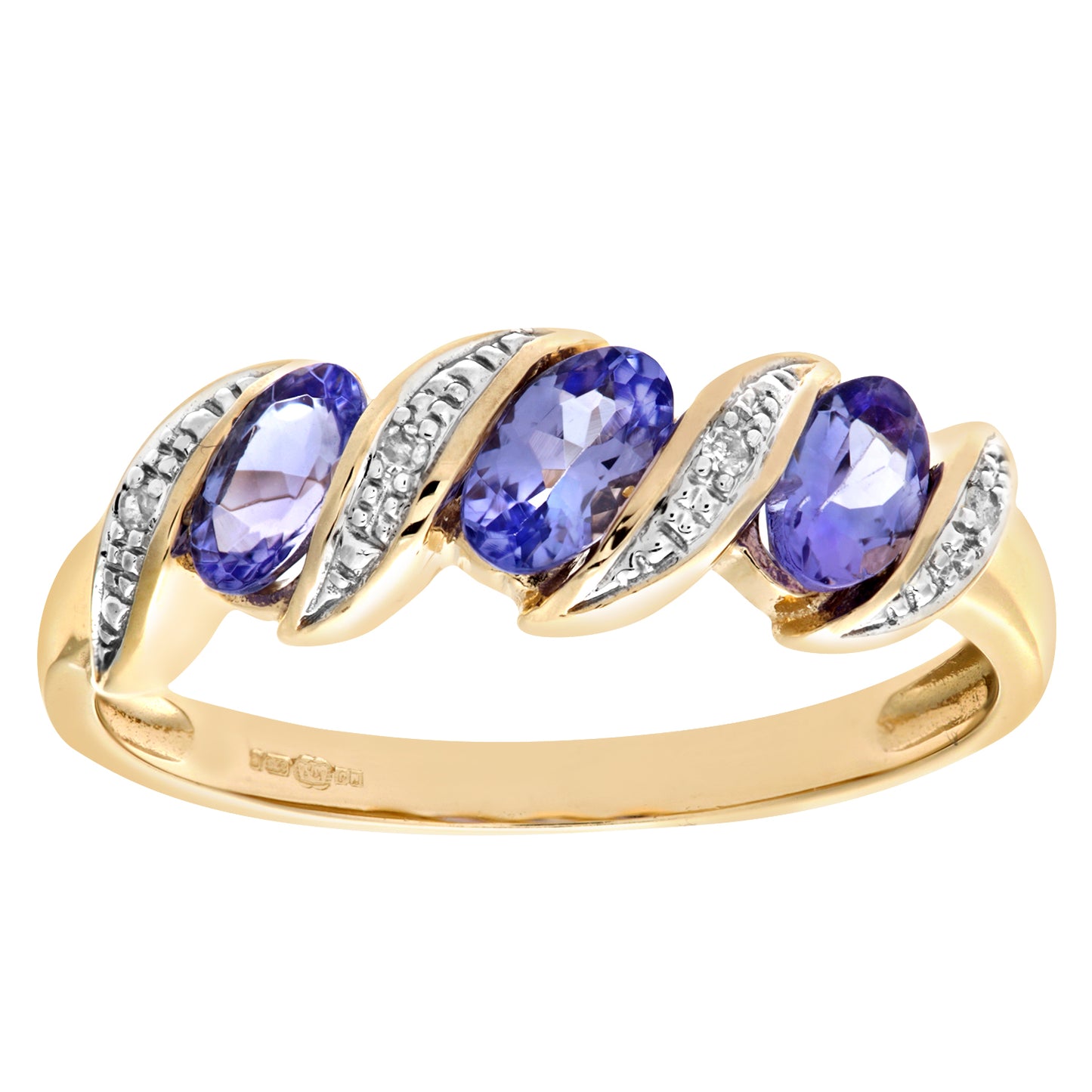 9ct Gold  Diamond Oval Tanzanite Wavy Ribbon Pod Trilogy Ring 2mm - PR0AXL6270YTanz