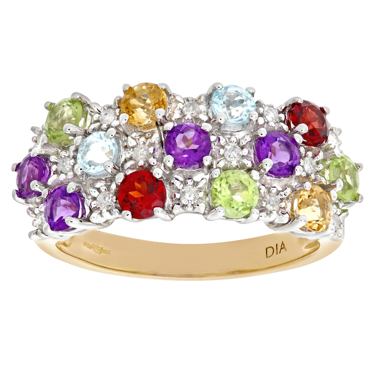 9ct Gold  Diamond Amethyst 3 Row Multi Colour Rainbow Dress Ring - PR0AXL6445YMULTI