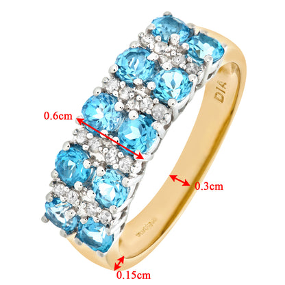 9ct Gold  Diamond Blue Topaz Double Row Stripey Eternity Ring 3mm - PR0AXL6446YBT