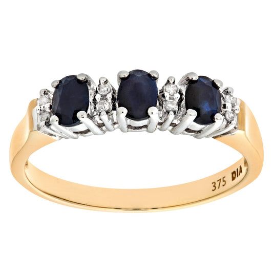 9ct Gold  Diamond Oval 0.86ct Sapphire Trilogy Eternity Ring 2mm - PR0AXL6491YSA