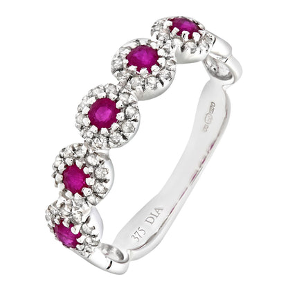 9ct White Gold  Diamond Ruby Bubble Halo Pentalogy Eternity Ring - PR0AXL6629WRU