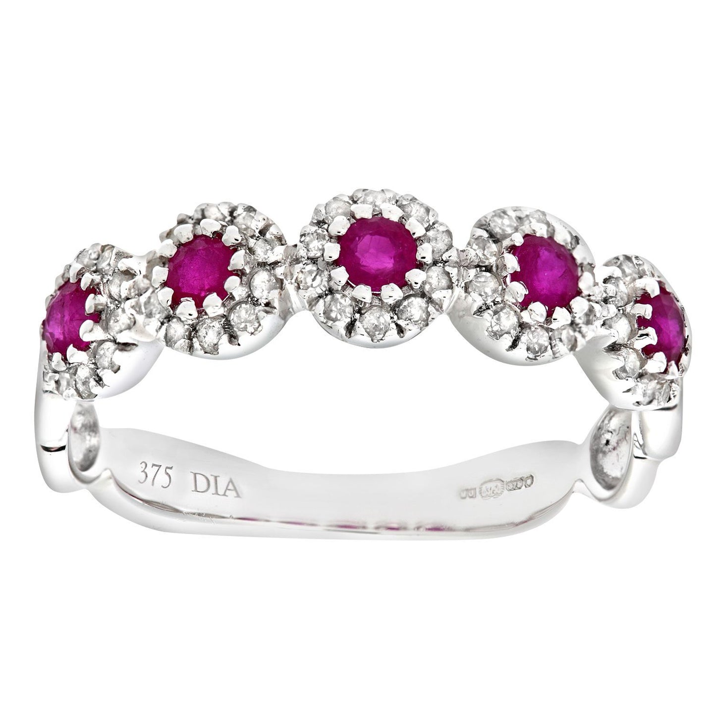 9ct White Gold  Diamond Ruby Bubble Halo Pentalogy Eternity Ring - PR0AXL6629WRU