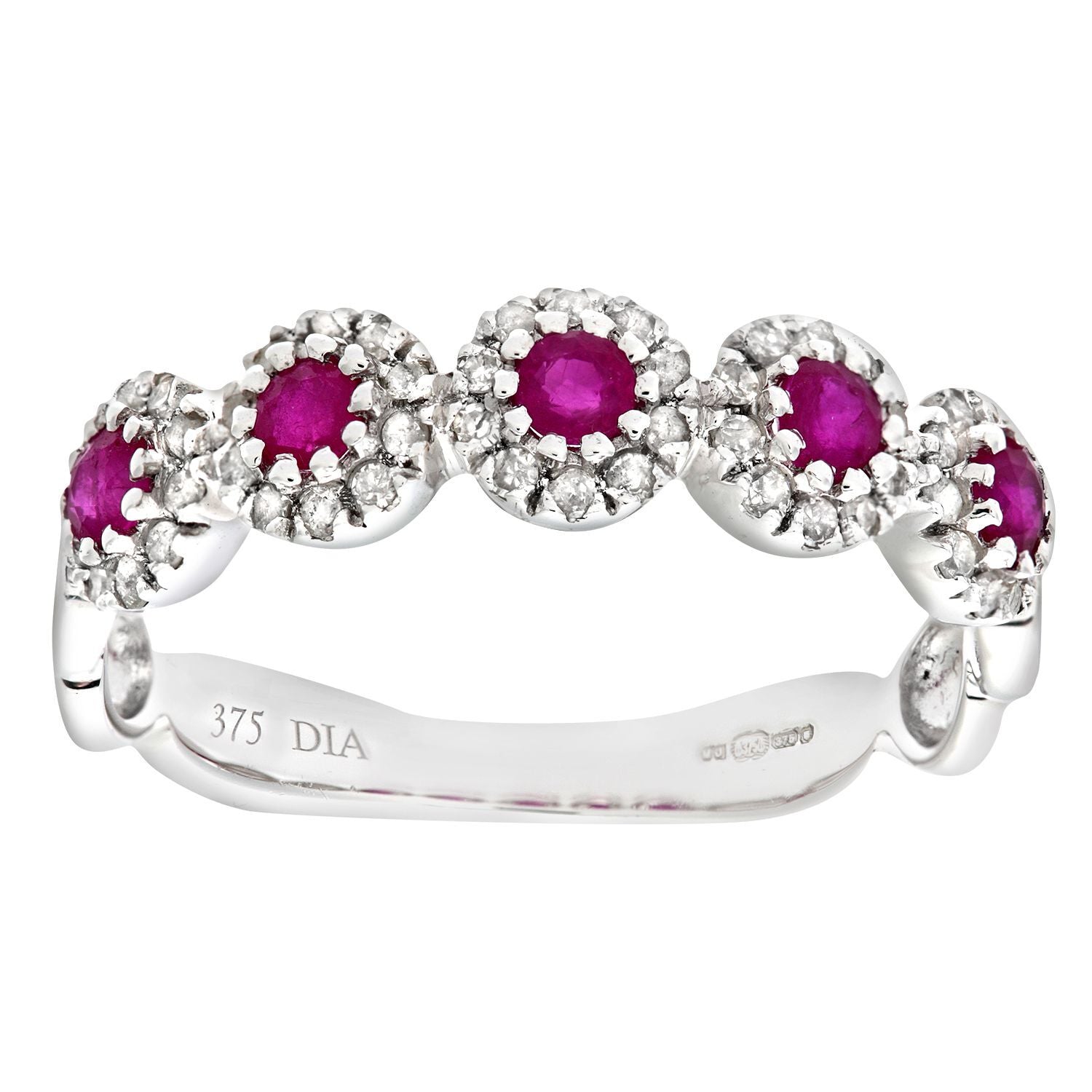 9ct White Gold  Diamond Ruby Bubble Halo Pentalogy Eternity Ring - PR0AXL6629WRU