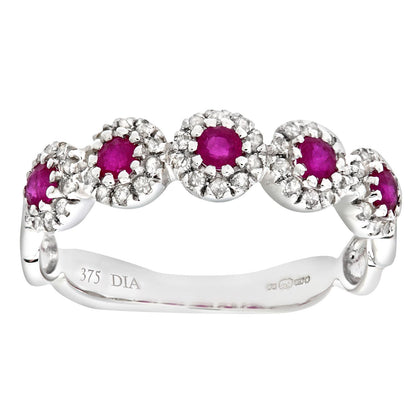 9ct White Gold  Diamond Ruby Bubble Halo Pentalogy Eternity Ring - PR0AXL6629WRU