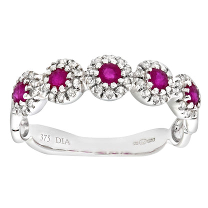 9ct White Gold  Diamond Ruby Bubble Halo Pentalogy Eternity Ring - PR0AXL6629WRU