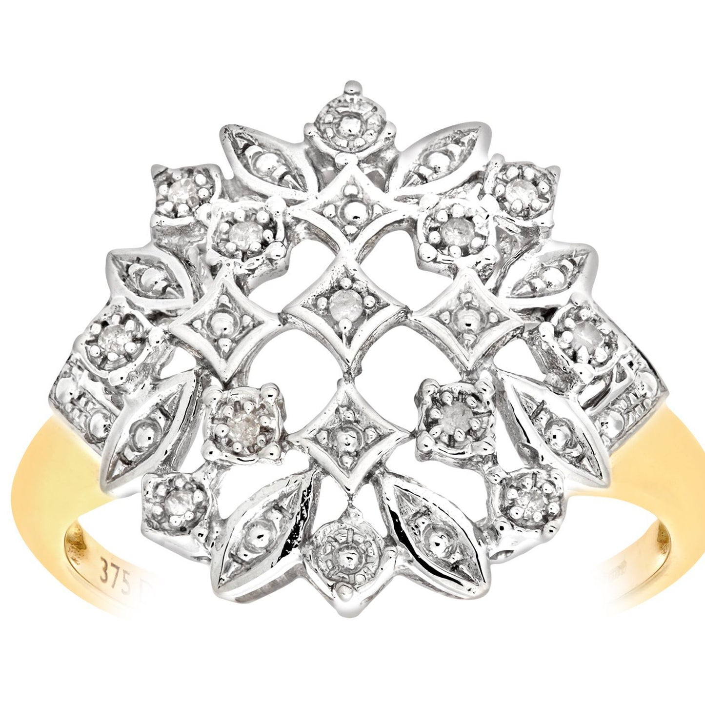 9ct Gold  Round 5pts Diamond Art Deco Flower Dome Cluster Ring - PR0AXL6727Y
