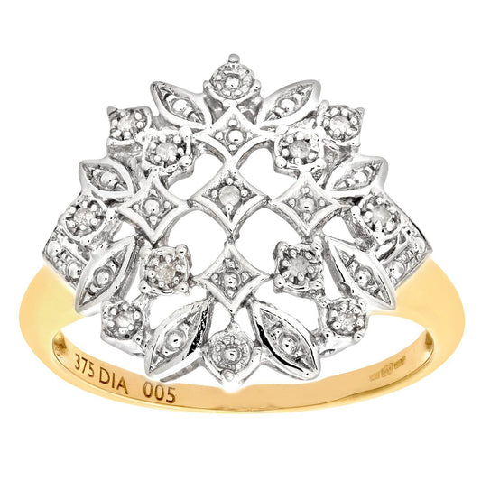 9ct Gold Round 5pts Diamond Art Deco Flower Dome Cluster Ring - PR0AXL6727Y