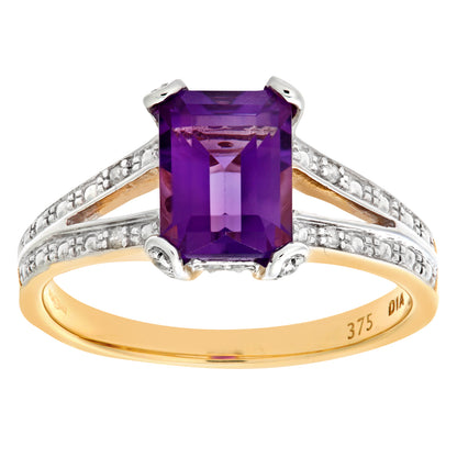 9ct Gold  Diamond Emerald Cut Amethyst Art Deco Solitaire Ring - PR0AXL6767YAM