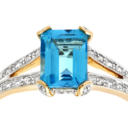 9ct Gold  Diamond Emerald Cut Blue Topaz Art Deco Solitaire Ring - PR0AXL6767YBT
