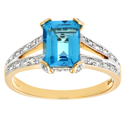 9ct Gold  Diamond Emerald Cut Blue Topaz Art Deco Solitaire Ring - PR0AXL6767YBT