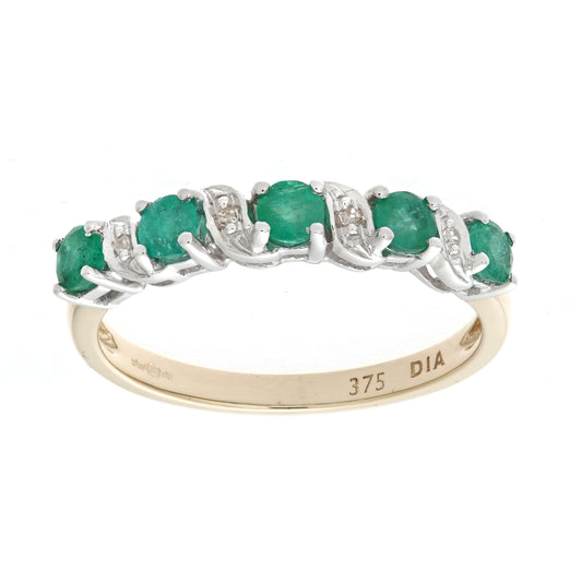 9ct Gold  Diamond Emerald Ribbon Wave 5 Stone Eternity Ring 2mm - PR0AXL6899YEM