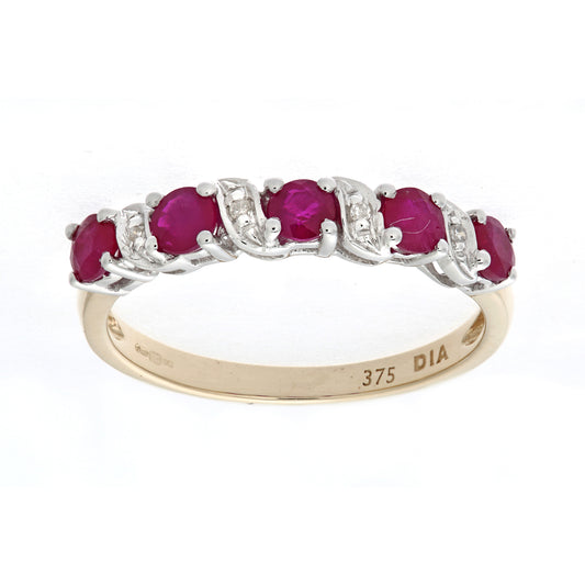 9ct Gold  Diamond 0.8ct Ruby Ribbon Wave 5 Stone Eternity Ring 2mm - PR0AXL6899YRU