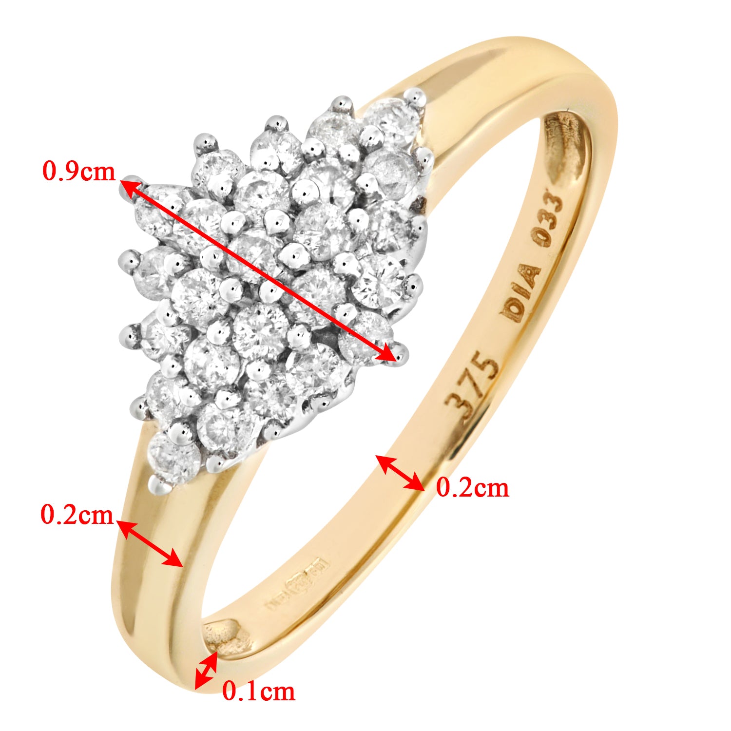 9ct Gold  Round 1/3ct Diamond Rhombus Quad Cluster Ring 9mm - PR0AXL6963Y