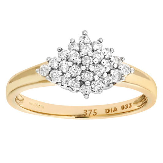 9ct Gold Round 1/3ct Diamond Rhombus Quad Cluster Ring 9mm - PR0AXL6963Y