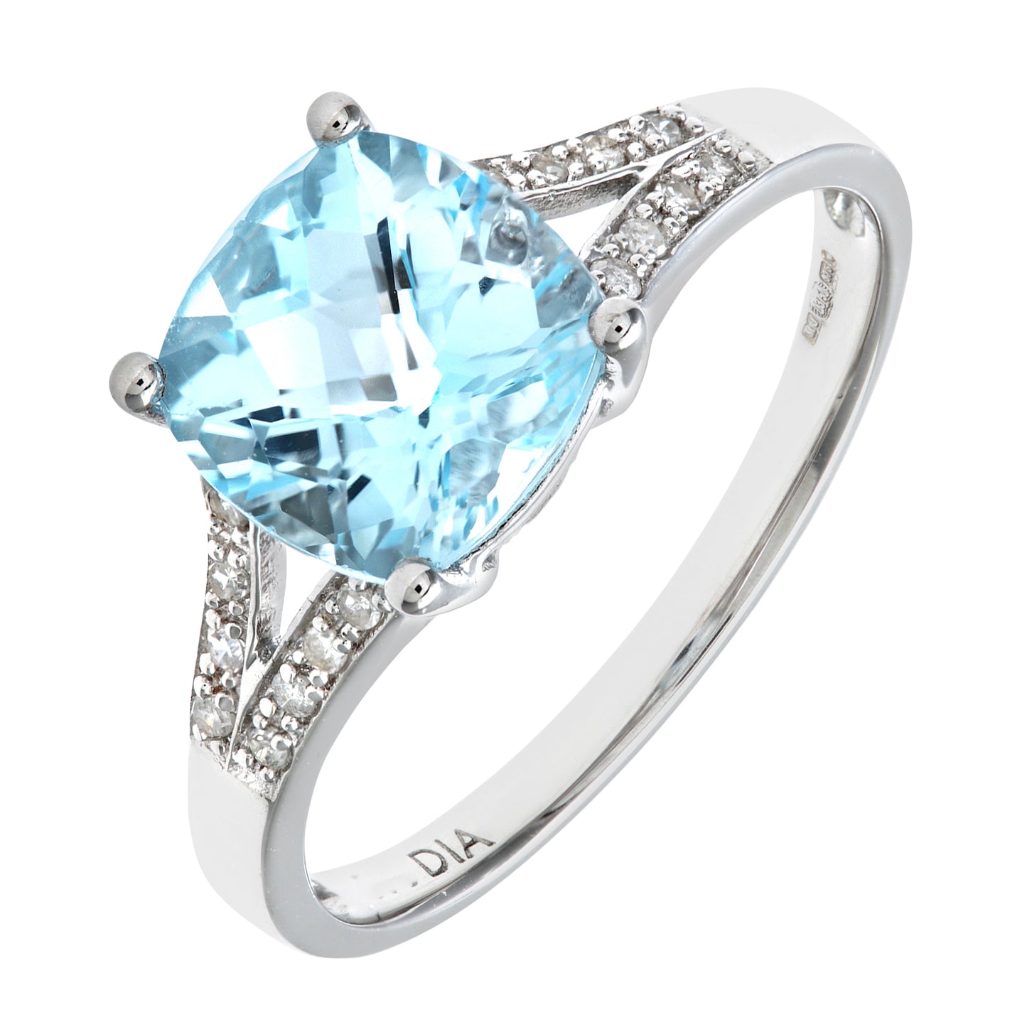 9ct White Gold  Diamond Cushion Blue Topaz Split Solitaire Ring - PR0AXL7210WBT