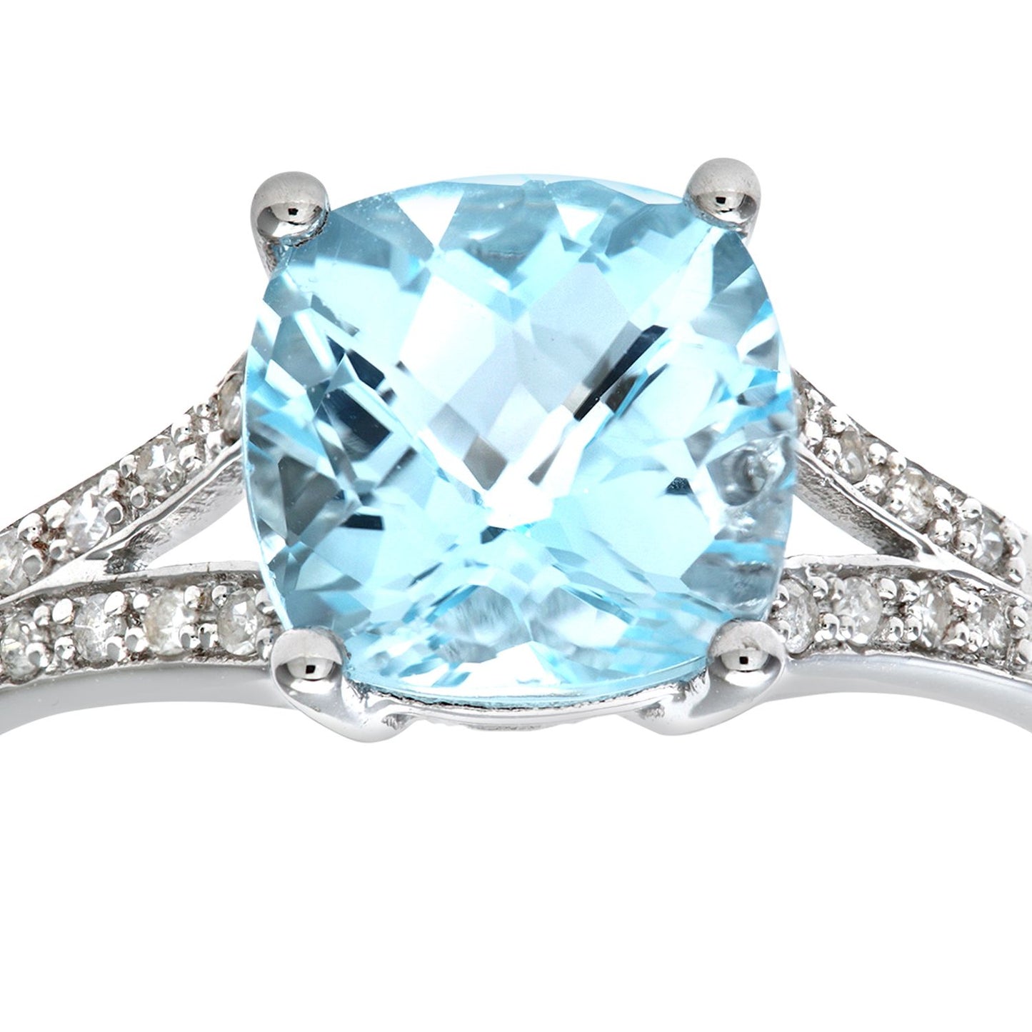 9ct White Gold  Diamond Cushion Blue Topaz Split Solitaire Ring - PR0AXL7210WBT