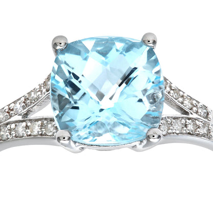 9ct White Gold  Diamond Cushion Blue Topaz Split Solitaire Ring - PR0AXL7210WBT